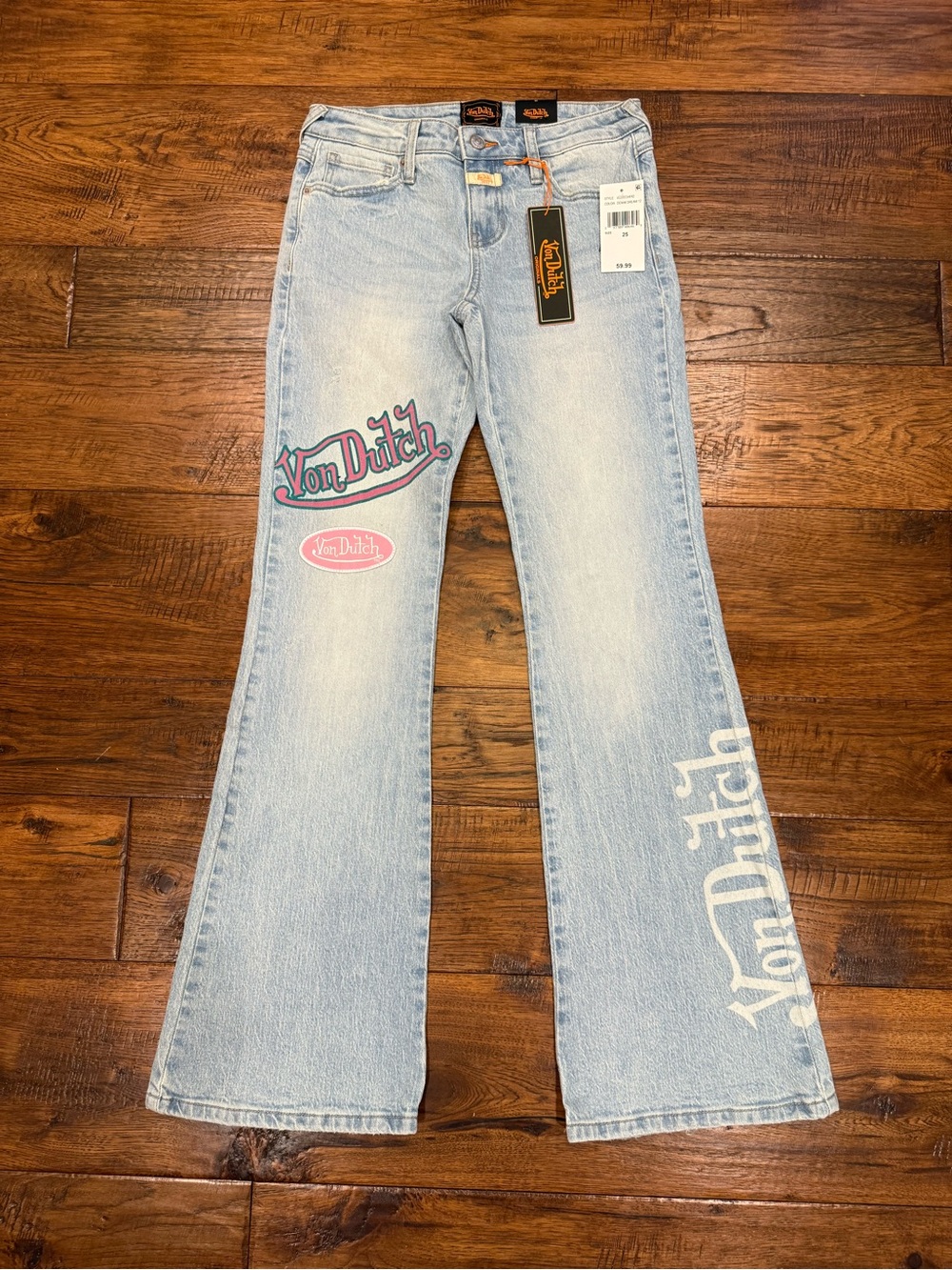 Von Dutch Light Blue Flare Jeans with Pink & Teal Logo